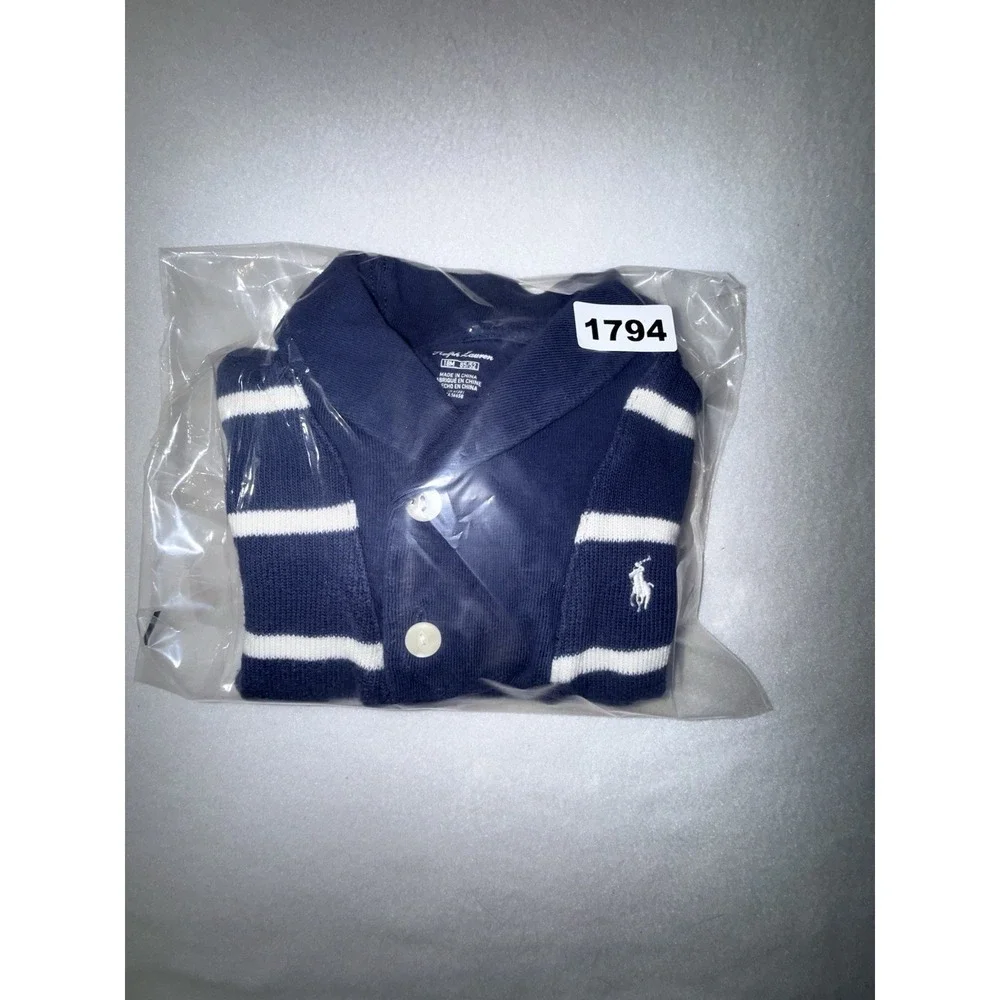 Ralph Lauren Baby Boys Cotton Shawl Collar Sweater Size‎ 18M Blue White Pony
